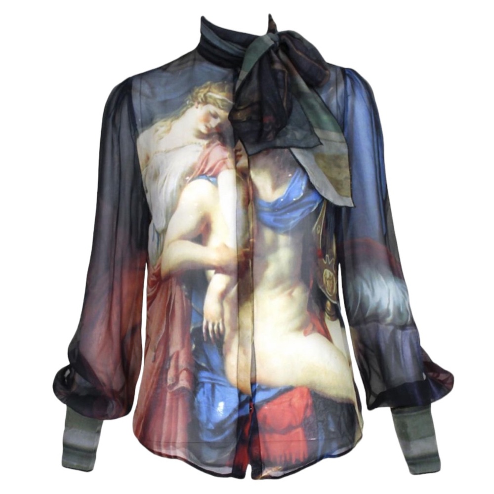 DOLCE & GABBANA “The Loves Of Helen and Paris” Painting Silk Pussybow Blouse- 42